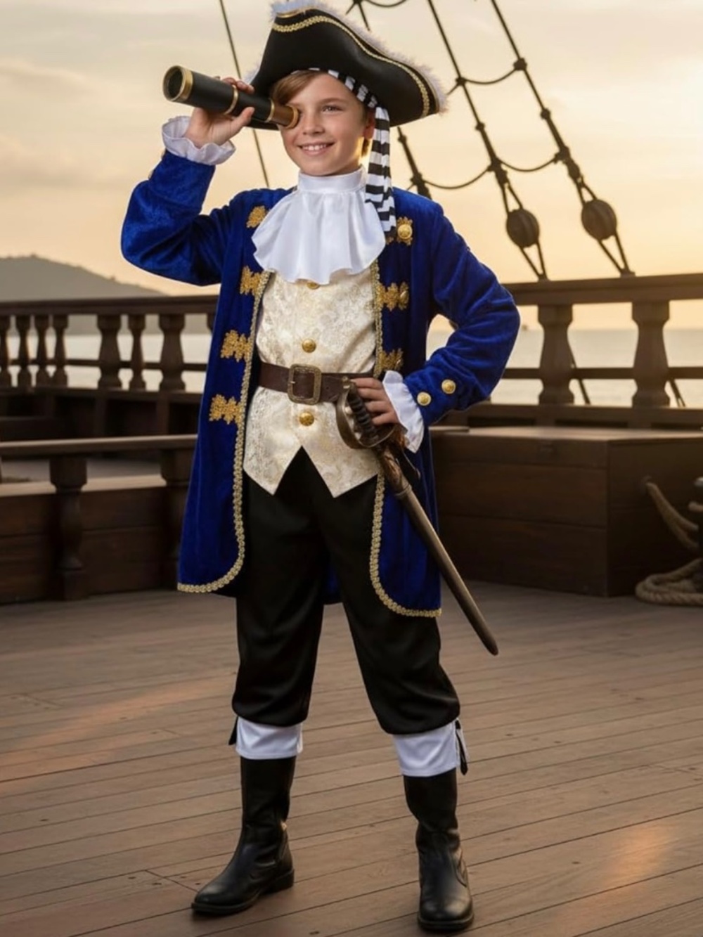 Blue velvet pirate costume with gold trim and white ruffled collar, Boys 8-10